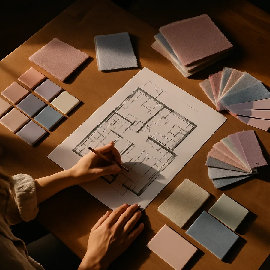 a designer working on a floor plan with samples and swatches