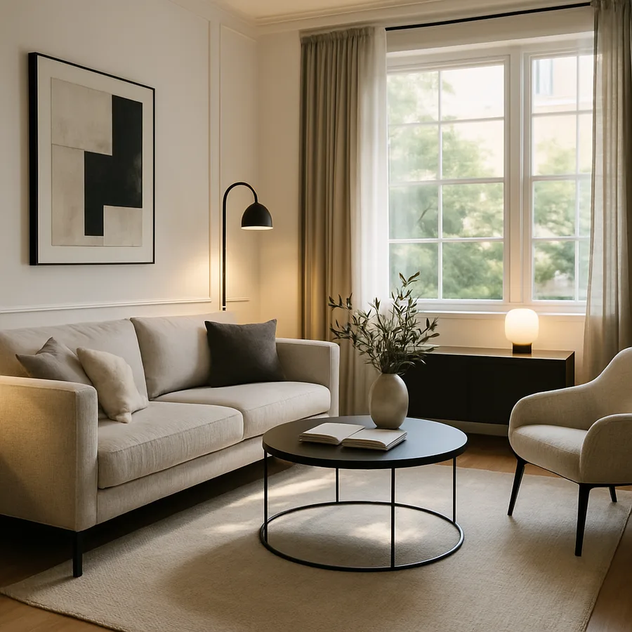 a beautifully designed modern living room with natural light