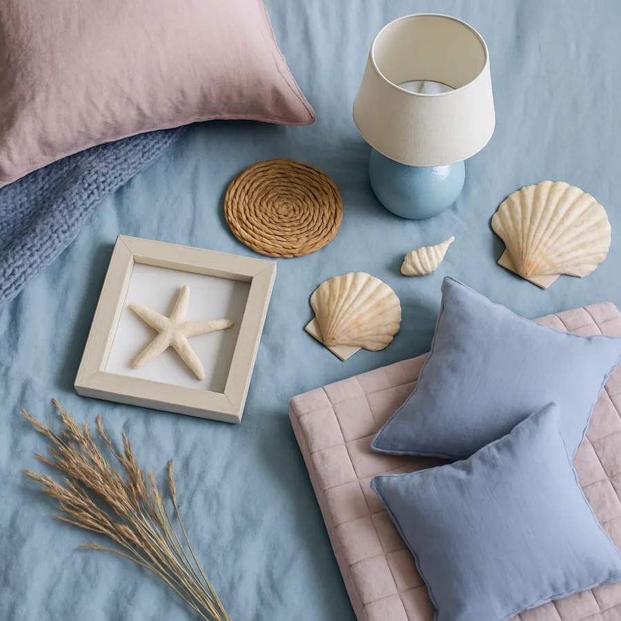 a cozy and stylish beach-themed bedroom with ocean-inspired decor
