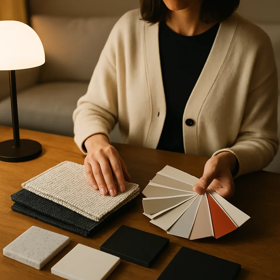 a designer at work with fabric swatches and paint samples