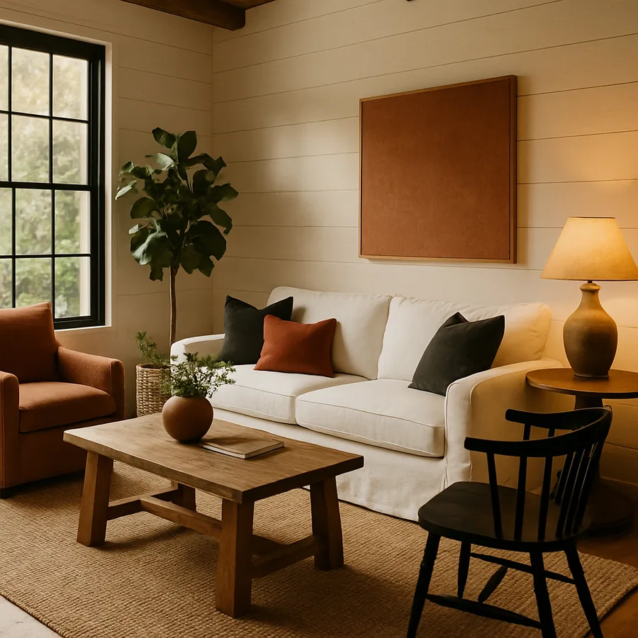 a beautifully designed modern living room with natural light
