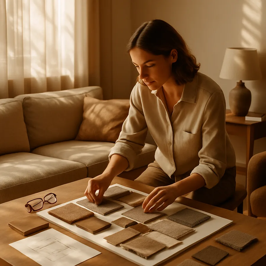 a designer working on a mood board with fabric samples