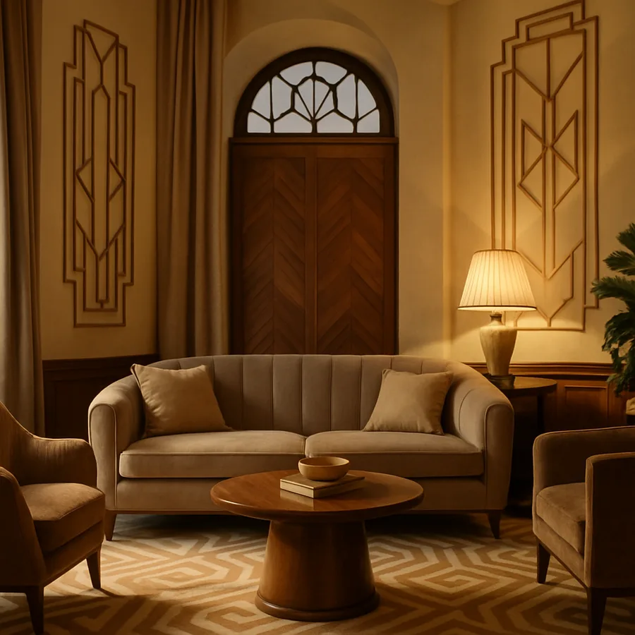 an elegant Art Deco living room with geometric patterns