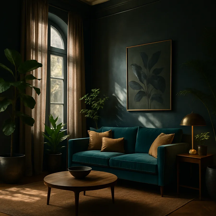 a room with biophilic design elements, such as plants and natural colors