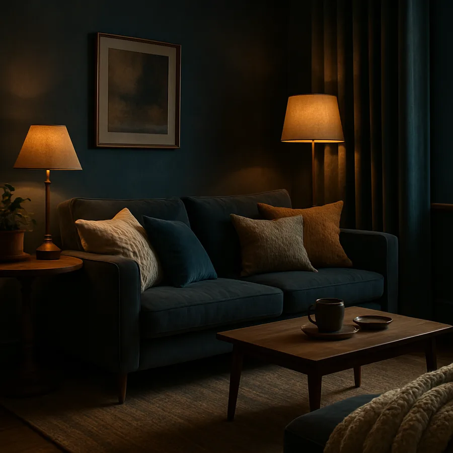 a cozy living room with layered textiles and warm lighting