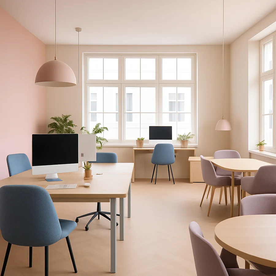 a modern office space with open layout and plenty of natural light