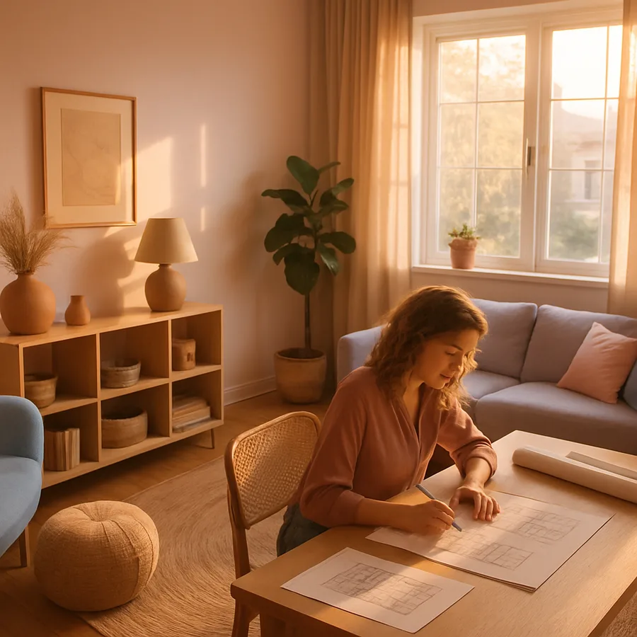 a designer working on office layout plans