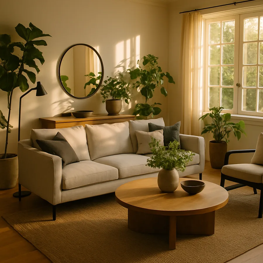 a living room with abundant greenery and natural materials