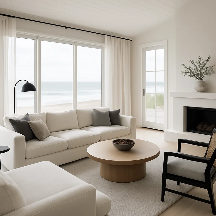 a beautifully designed beach house living room with ocean views