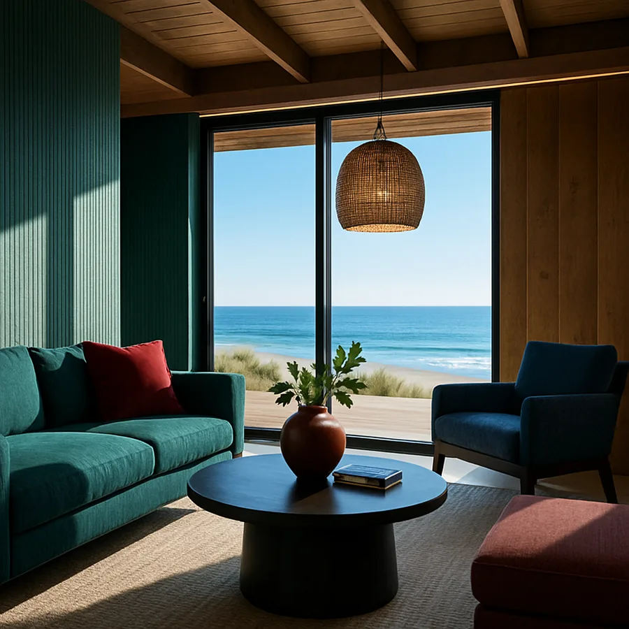 a modern beach house with sustainable materials and smart home features