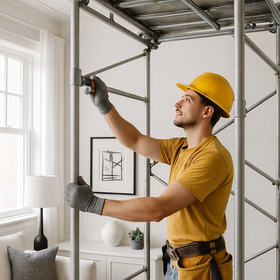 a construction worker adjusting an interior hung scaffold
