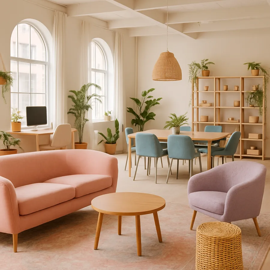 an open-concept office space with collaborative work areas