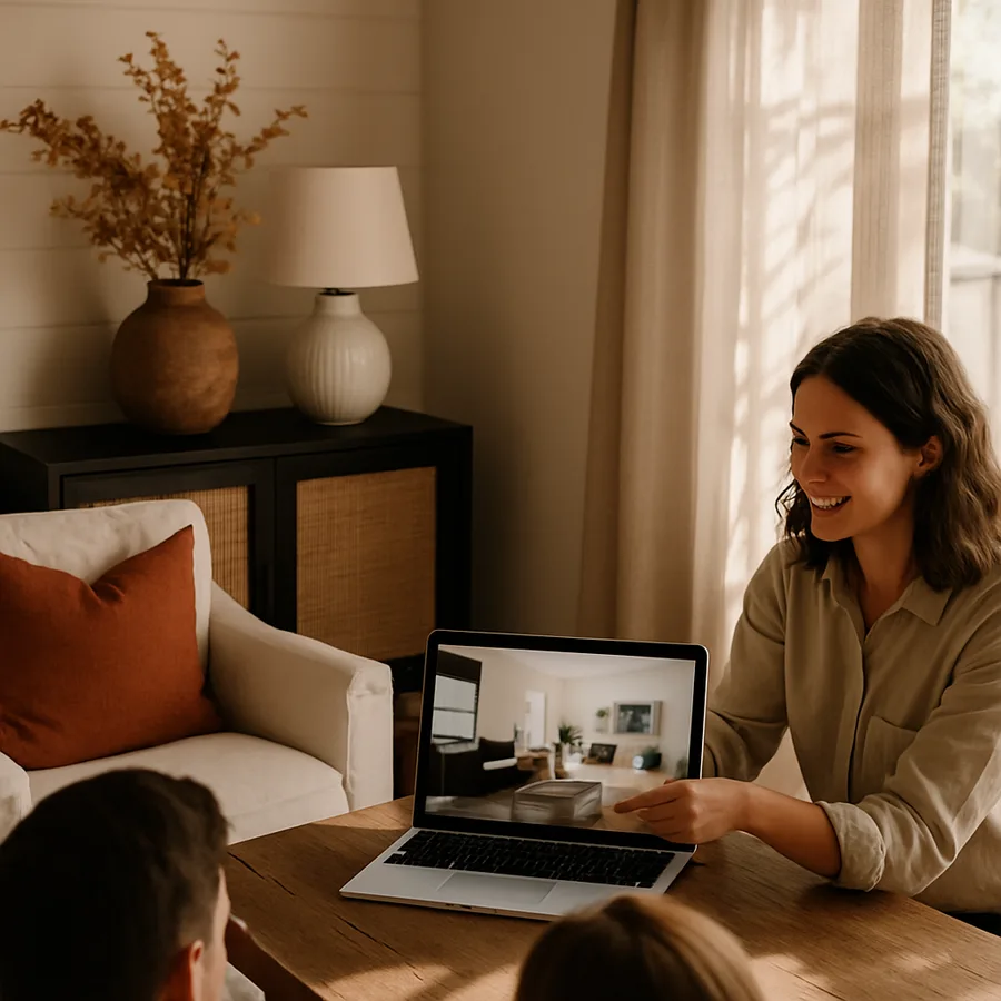 a designer presenting a 3D visualization to clients