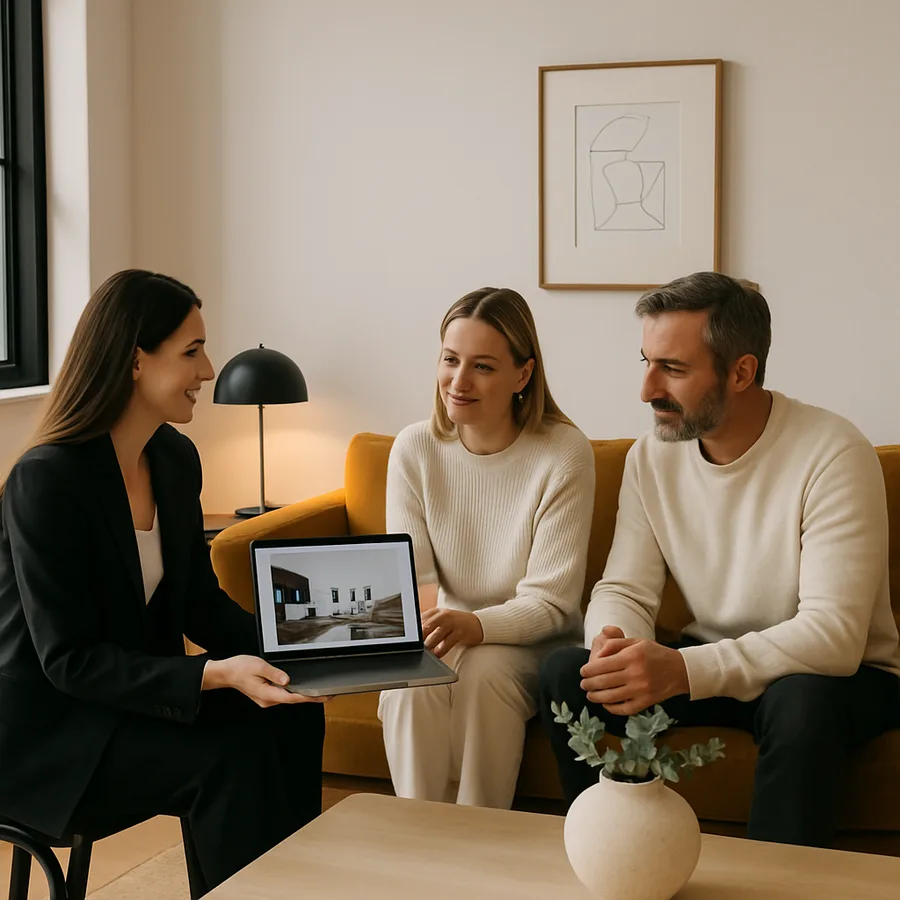 a designer presenting a digital rendering to clients