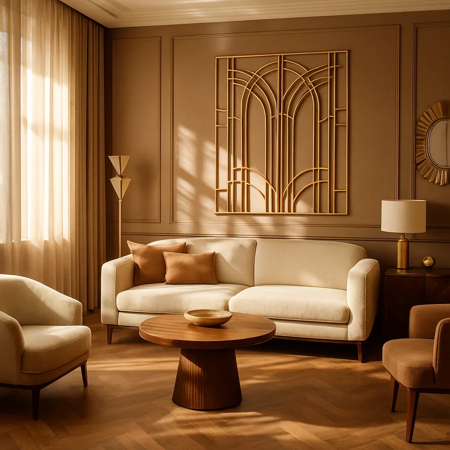 a modern living room with Art Deco elements such as geometric patterns and gold accents