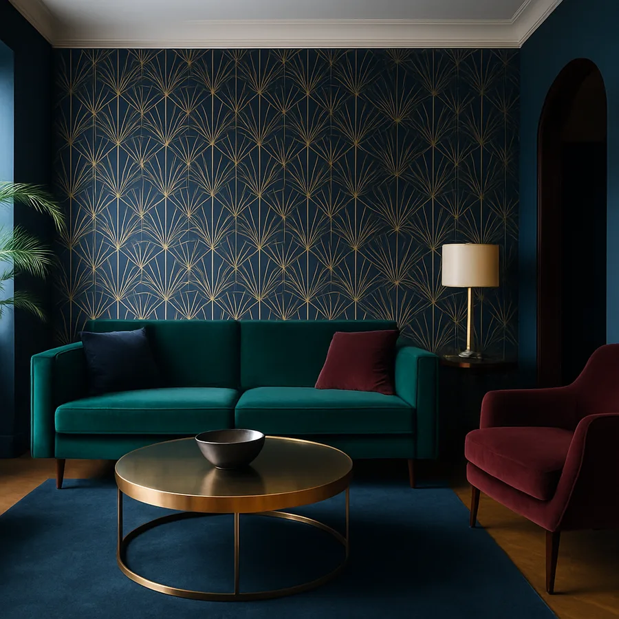 an Art Deco-inspired living room with geometric patterned wallpaper
