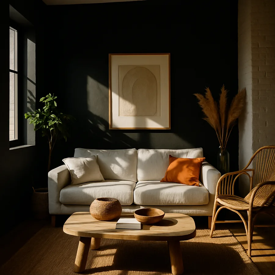 a beautifully designed eco-friendly living room with natural materials