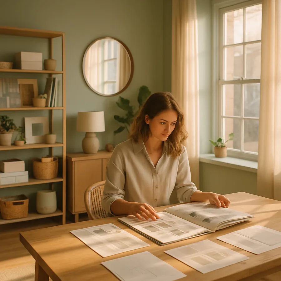 a young interior designer reviewing portfolios in a modern office