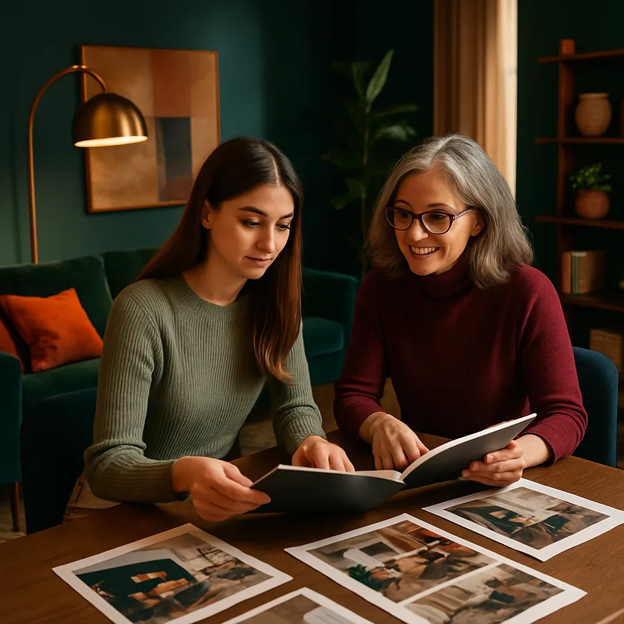 a young designer reviewing a portfolio with a mentor in a modern studio