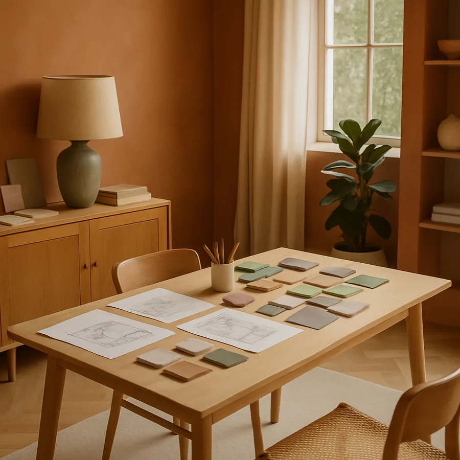 a designer's workspace with sketches and samples