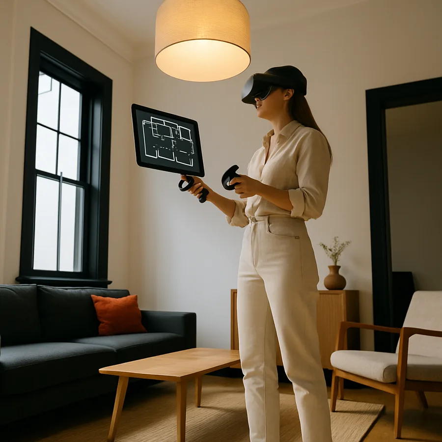 a designer working on a digital floor plan using AR/VR tools