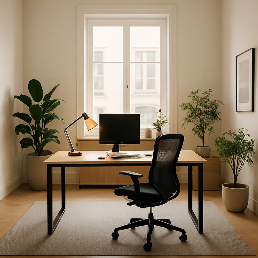 a modern office space with ergonomic furniture and greenery
