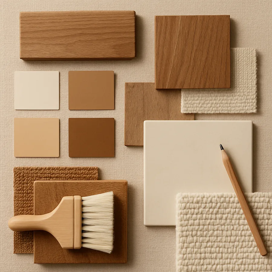 a concept mood board with color swatches and material samples