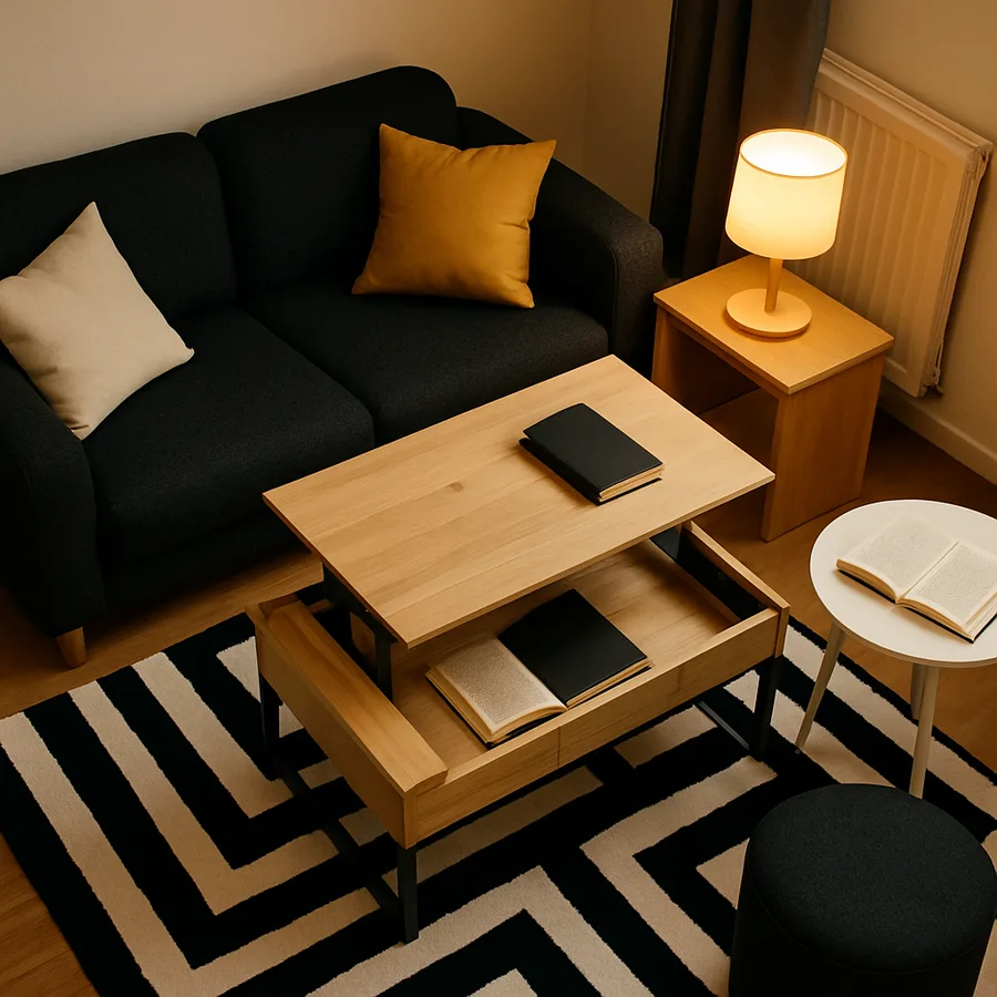 a compact yet stylish apartment living room with multi-functional furniture