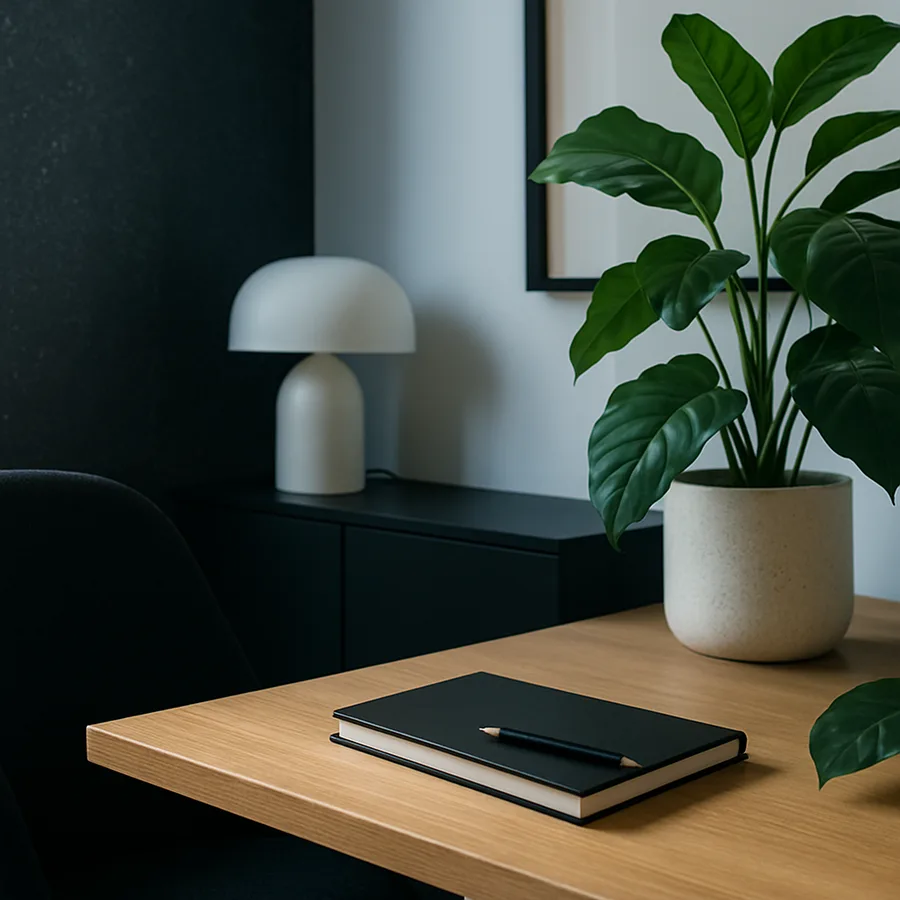 a modern office with sustainable materials and plants