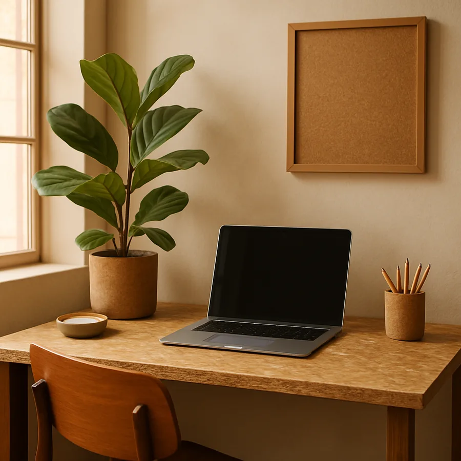 an office space with recycled materials and natural light