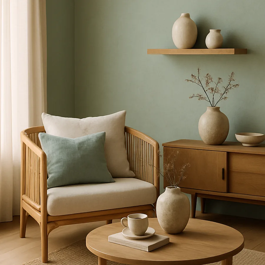 a cozy room showcasing Japandi style with minimalistic decor
