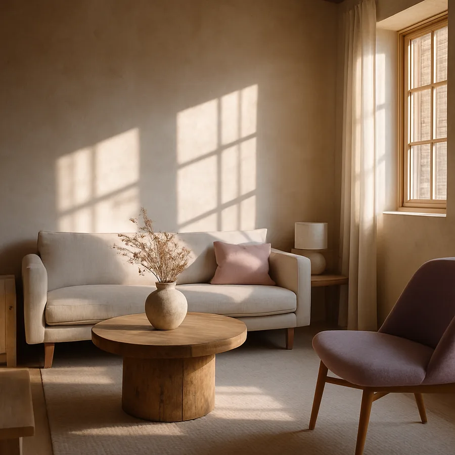 a bright, airy minimalist living room with sleek furniture