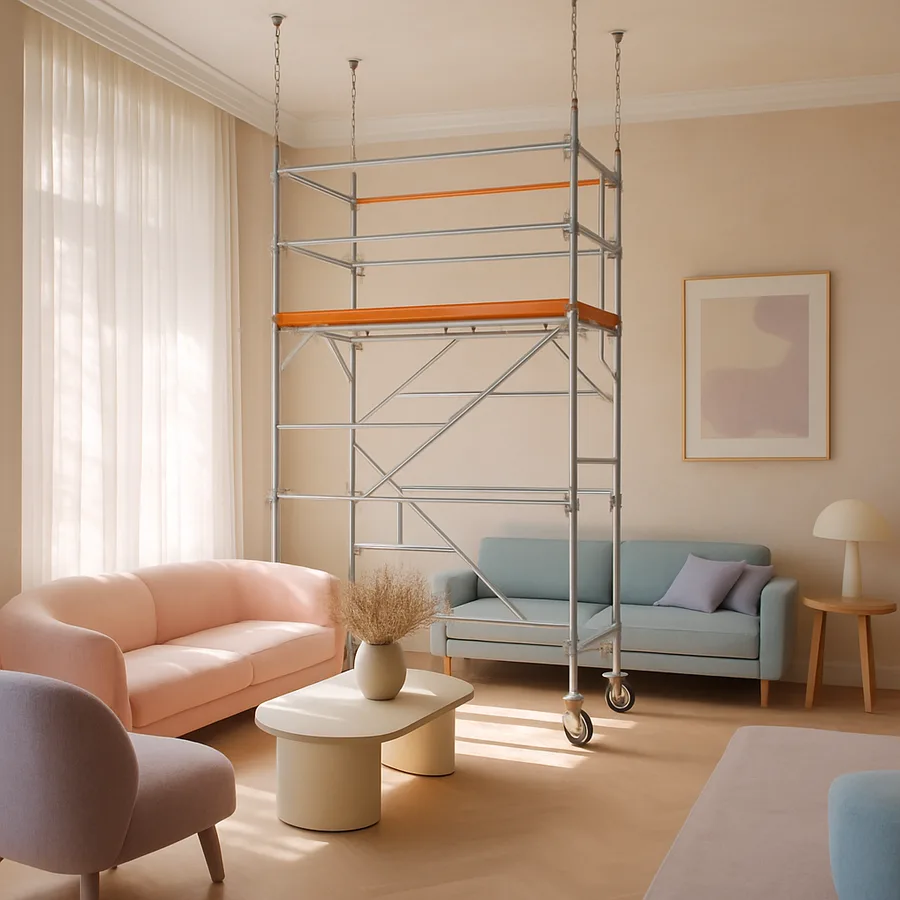interior hung scaffold being used in a spacious, modern living room