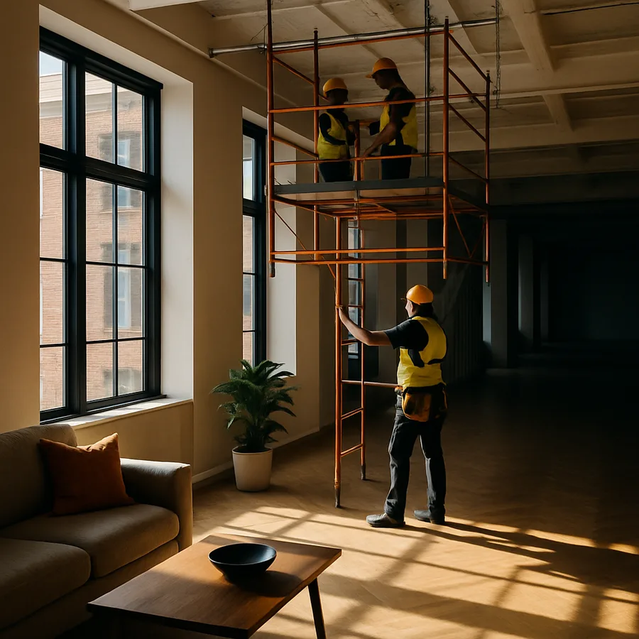 workers using interior hung scaffolds in a large, open-plan office space