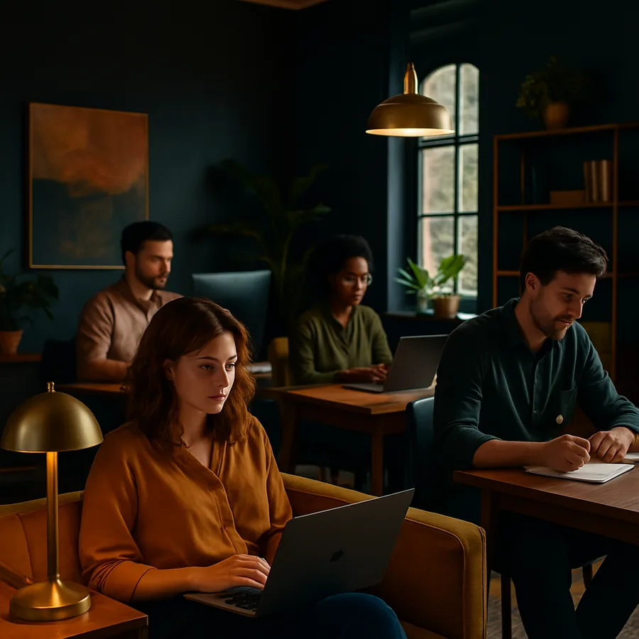 employees working in a colorful, modern office space
