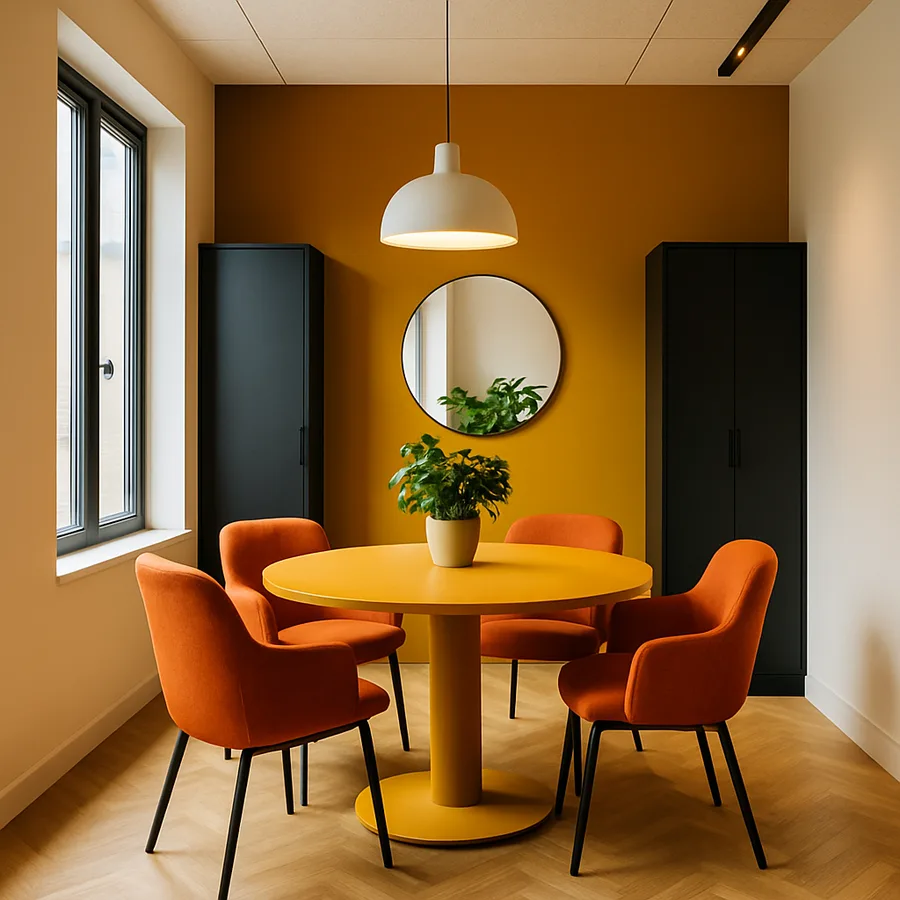 office space with a color-coded meeting area