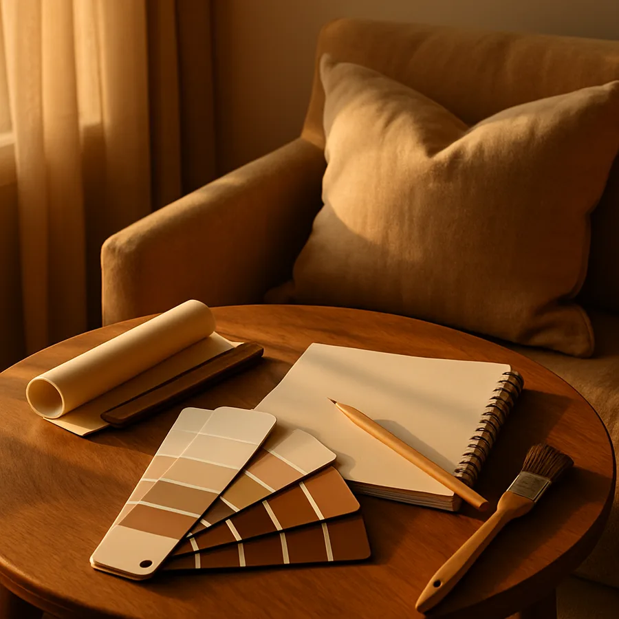 a color palette with paint swatches and a designer's tools