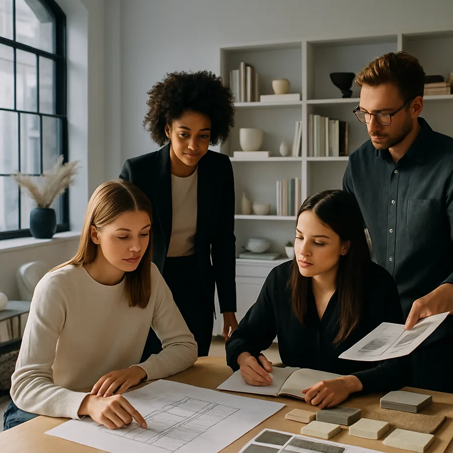 a collaborative team meeting in a chic design firm