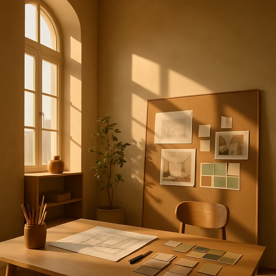 a creative workspace with various interior design tools