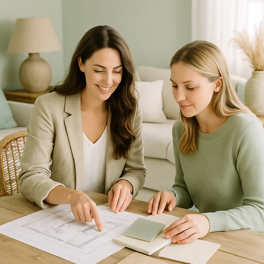 a designer reviewing blueprints and materials with a client