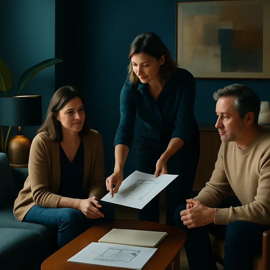 an interior designer with clients reviewing a room layout