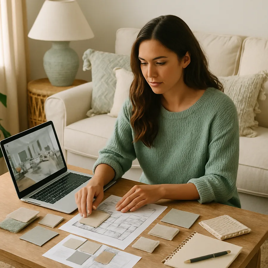 A student working on interior design projects on a laptop from home