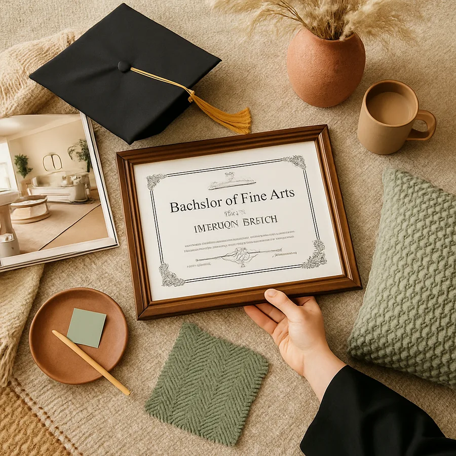 A graduate celebrating their online degree achievement in interior design