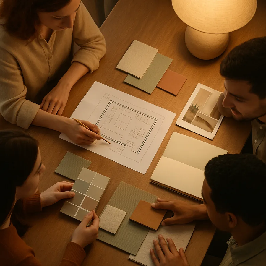 a group of interior design students collaborating on a project
