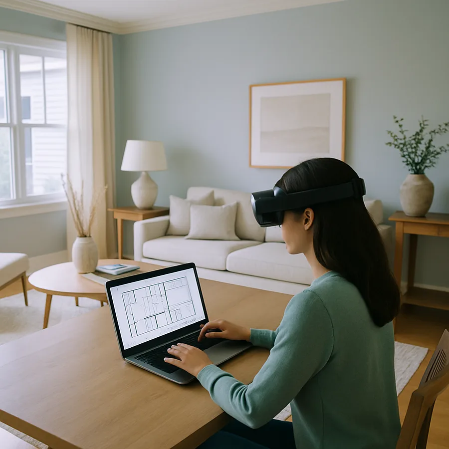 a designer working on a digital floor plan with AR/VR tools