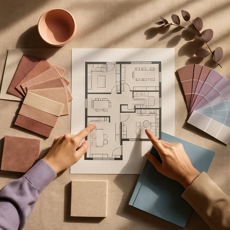 a designer presenting a commercial space layout to a client