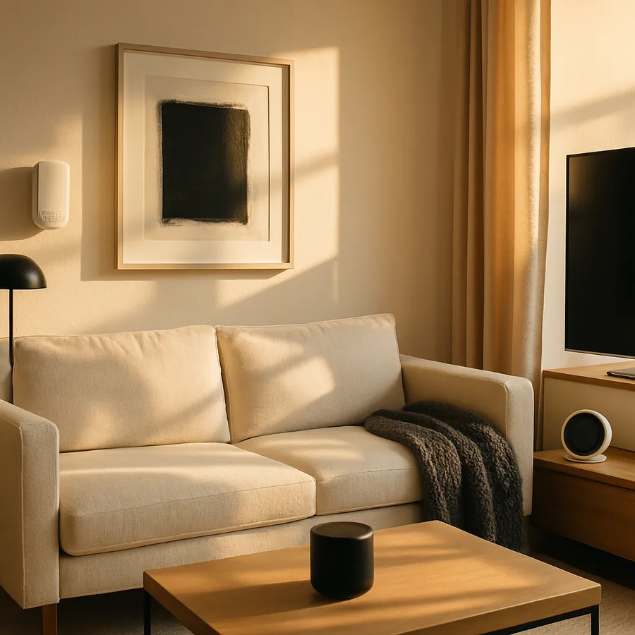 a minimalist living room with smart home devices