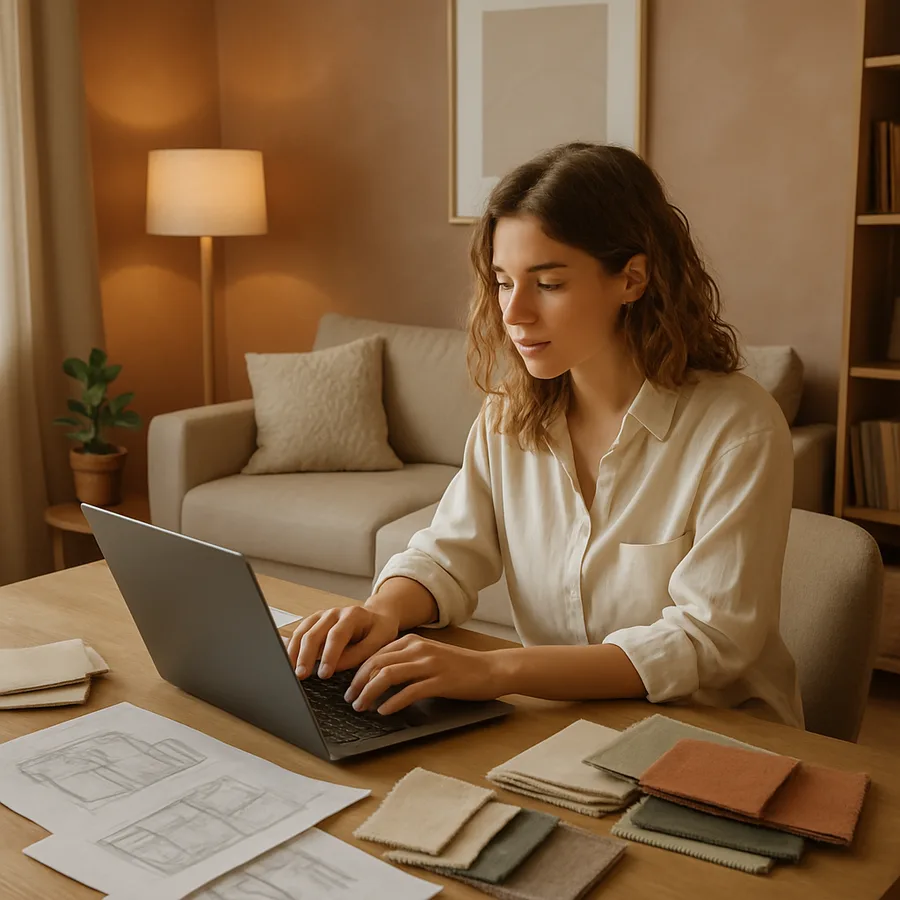 a designer working from home on a laptop, surrounded by fabric swatches and design sketches