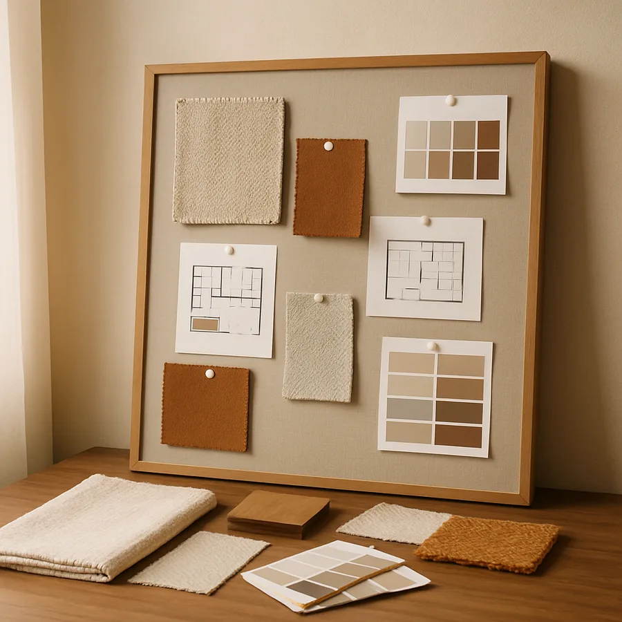 a vibrant mood board with fabric swatches, color palettes, and floor plans