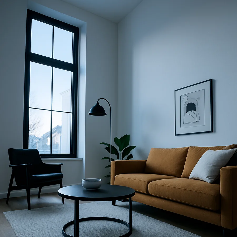 a beautifully designed modern living room with natural light